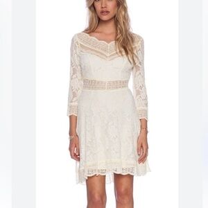 Free People “Lacey Affair” flirty lace mini dress in Tea L